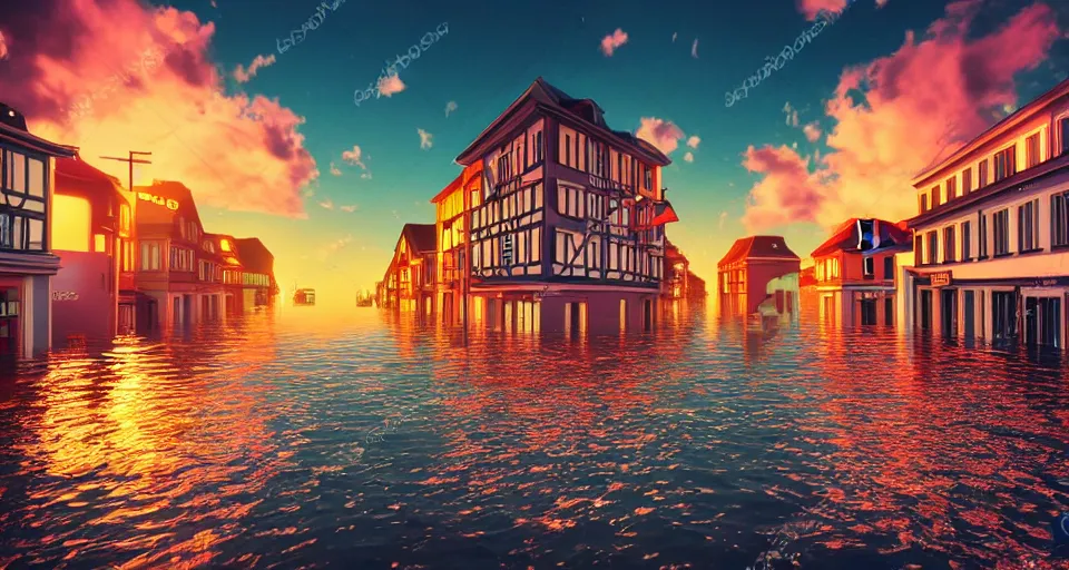 Prompt: 80s vaporwave outrun 3d Render of a german town being flooded at dusk, retro, grainy, noisy