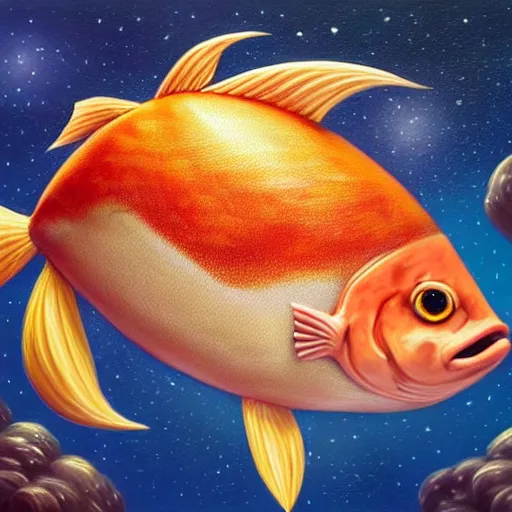 Prompt: a photorealistic portrait of magikarp, it has yellow hair and a beautiful unconventional face, deep space in the background, elegant, highly detailed, digital painting, artstation, realism, concept art, pop, smooth, mythological, sharp focus, qualia, illustration, art by mark ryden 3 d 8 k ultra detailed