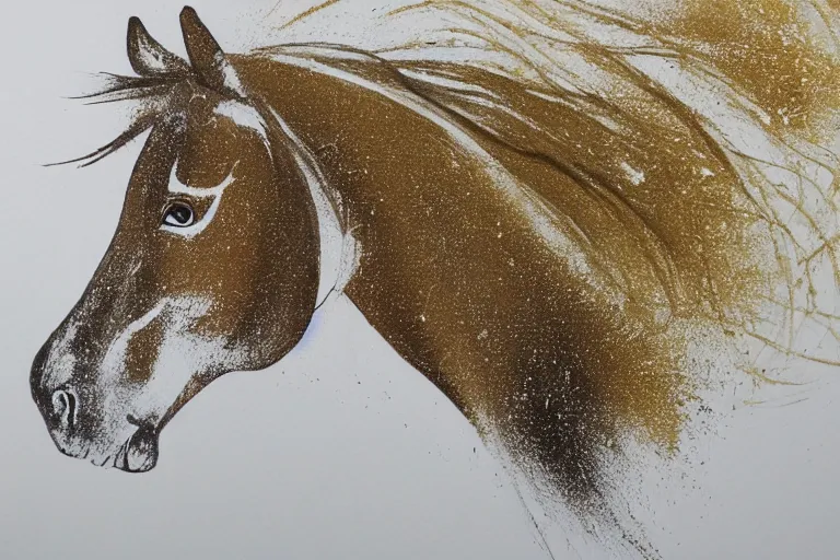 Image similar to beautiful serene horse, healing through motion, minimalistic golden ink aribrush painting on white background