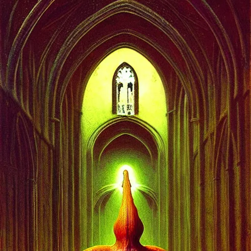 Image similar to a holy snail stands in a cathedral painting by beksinski, barlowe colors. masterpiece painting