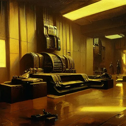 Prompt: painting of a bladerunner interior made of sculptures, syd mead, andreas achenbach