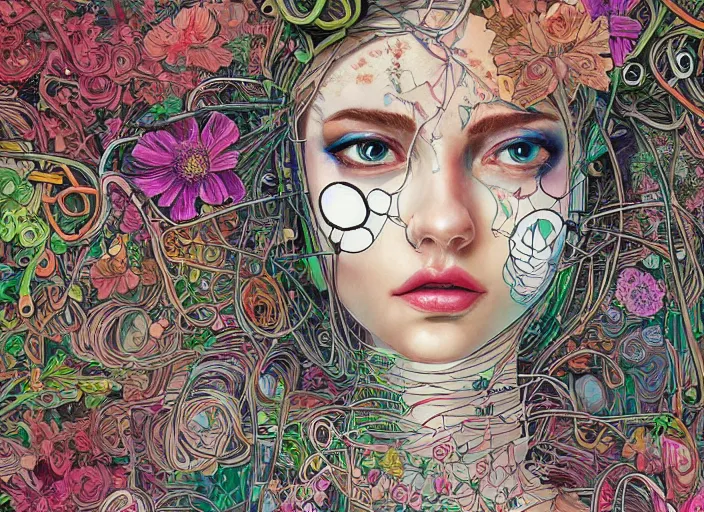 Image similar to a painting of a beautiful cyborg girl with a lot of flowers and plants on its head, surrounded by cables, poster art by android jones, behance contest winner, generative line art, made of flowers, grotesque, concert poster