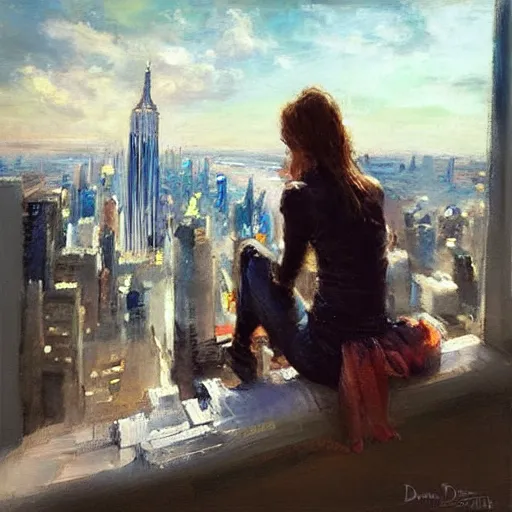 Image similar to “ girl sitting on a roof looking down at a futuristic new york city below, extremely detailed, by daniel gerhartz ”