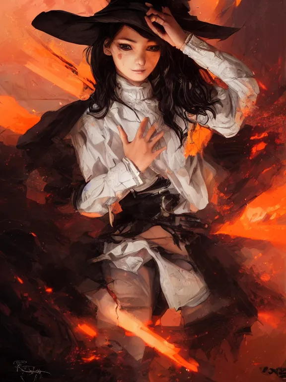 Image similar to Full shot of a mischievous young witch about to get up to some trouble. Latin American fashion. Black and Orange palette. Latina girl. brown skin. Symmetrical facial features. By Ruan Jia and Artgerm and Range Murata and WLOP and Ross Tran. Key Art. Fantasy Illustration. award winning, Artstation, intricate details, realistic, Hyperdetailed, 8k resolution.