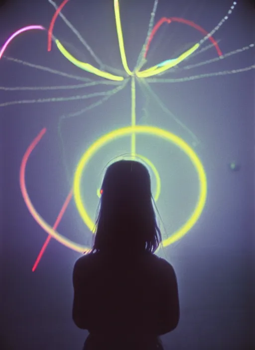 Image similar to realistic photo portrait of a a girl dressed in white shorts, watching at glowing disks flying in a grey sky, covered with tesla electricity, 1 9 9 0, life magazine photo, natural colors, museum collection, kodak