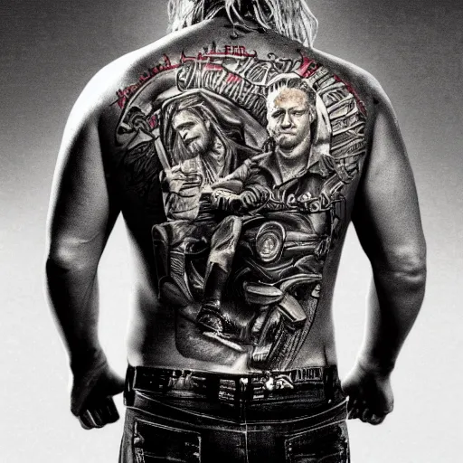 Image similar to Portrait of Jax Teller in blue jeans, Sons of Anarchy Tattoed on his back, intricate upper body, highly detailed, digital painting, artstation, concept art, smooth, sharp focus, illustration, art by Hajime Sorayama