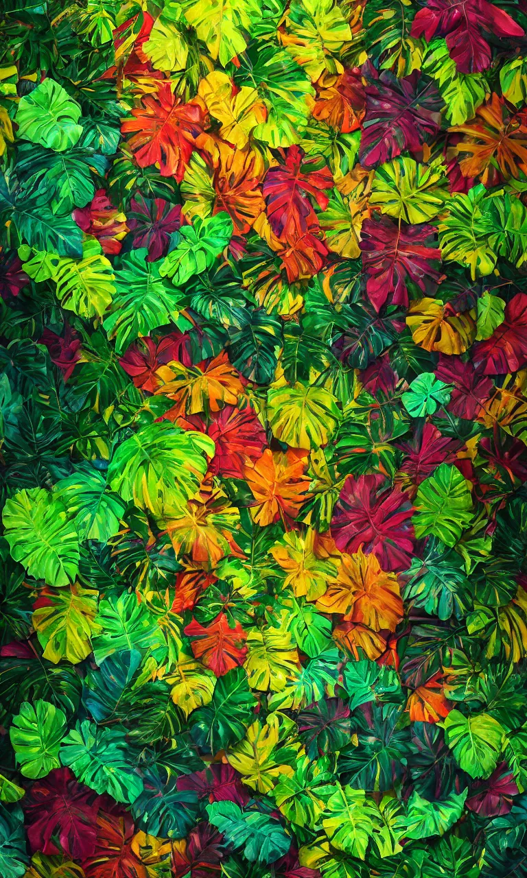 Prompt: Tropical colorful leafs wall in jungle, trending on artstation, 50mm, by Noah Bradley