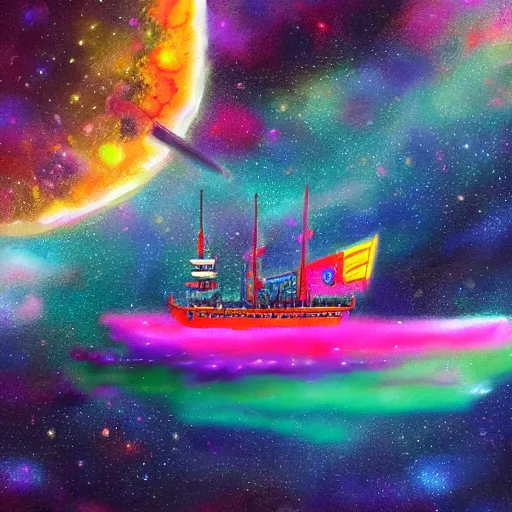 Image similar to a ship floating in colorful cosmos, award-winning drawing, artstation, octane, insane detail