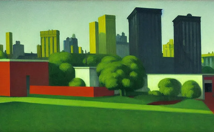 Prompt: geometric painting of industrial buildings surrounded by undergrowth by edward hopper