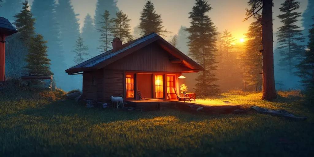 Image similar to a cozy little house in the woods, relaxing, 3 d concept art by philipp urlich, chill, relaxing, peaceful, sunset, extremely detailed art, unreal engine 5, hyper realism