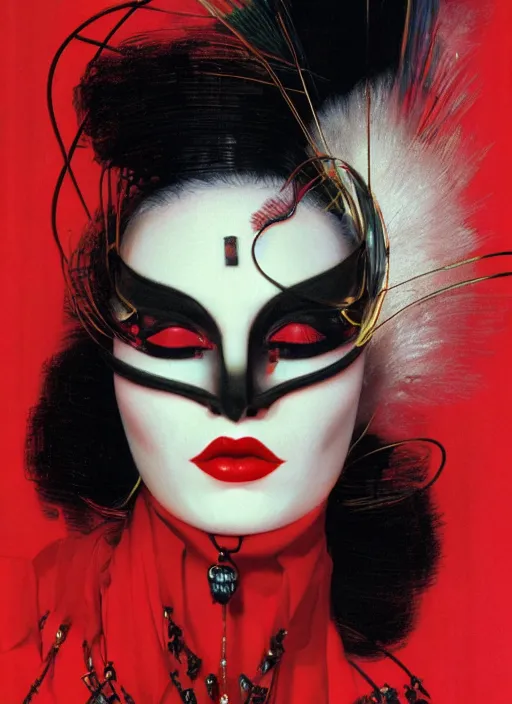 Image similar to an 8 0 s portrait of a woman with dark eye - shadow and red lips with dark slicked back hair, a mask made of wire and beads, dreaming acid - fueled hallucinations by serge lutens, rolf armstrong, delphin enjolras, peter elson, red cloth background