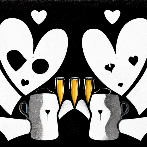 Image similar to two beers, many white hearts, friendship, love, sadness, dark ambiance, concept by Godfrey Blow, featured on deviantart, drawing, sots art, lyco art, artwork, photoillustration, poster art