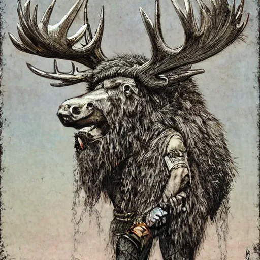Prompt: hairy barbarian with moose head by gerald brom and ed fairburn