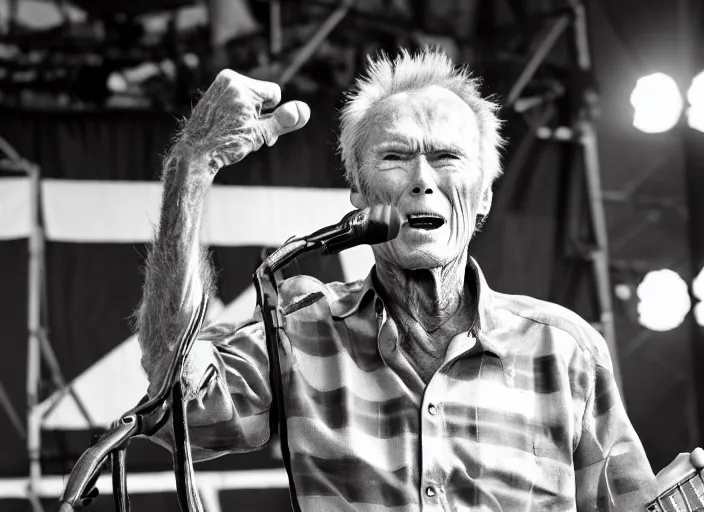 Image similar to photo still of clint eastwood on stage at vans warped tour!!!!!!!! at age 6 8 years old 6 8 years of age!!!!!!!! in a gran torino, 8 k, 8 5 mm f 1. 8, studio lighting, rim light, right side key light