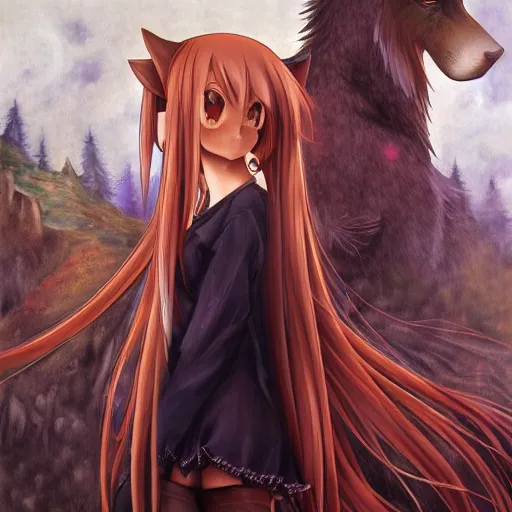 Image similar to An award winning oil painting of Horo from Spice and Wolf by Matcha, landscape, Danbooru, anime, highly detailed, oil painting, canvas, brush strokes, artistic, color palette