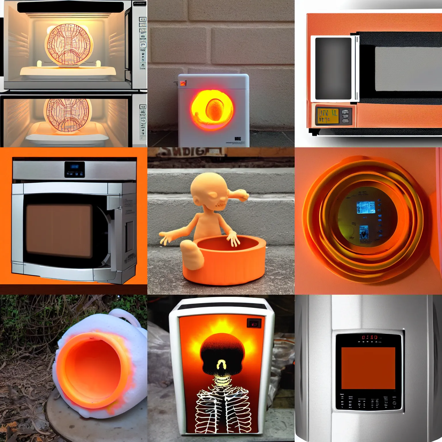 Prompt: microwave sunset sewer skeleton baby glowing foam cold orange life melting