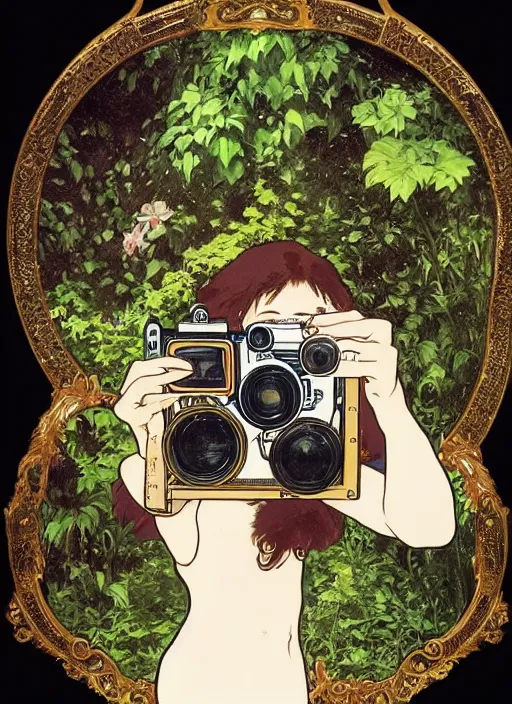 Image similar to photographer looking through a vintage camera, design on white background, beautiful details, lush foliage, gold, drawn by john singer sargent, studio ghibli, alphonso mucha, lolish, trending on artstation