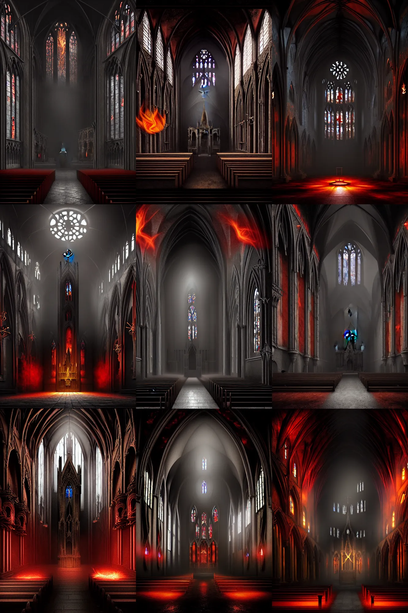 Prompt: a matte painting of the interior of a gothic church, demonic creature with glowing fire eyes standing in the center, digital painting, concept art, rusty metal walls, broken pipes, dark colors, muted colors, red colors, tense atmosphere, church cathedral, mist floats in the air, amazing value control, muted colors, moody colors, dramatic lighting, cinematic lighting, sharp focus