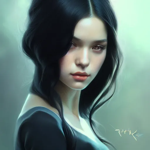 Prompt: a beautiful girl with long black hair, fantasy, portrait, sharp focus, intricate, elegant, digital painting, artstation, matte, highly detailed, concept art, illustration, ambient lighting, art by ilya kuvshinov, artgerm, and Greg Rutkowski