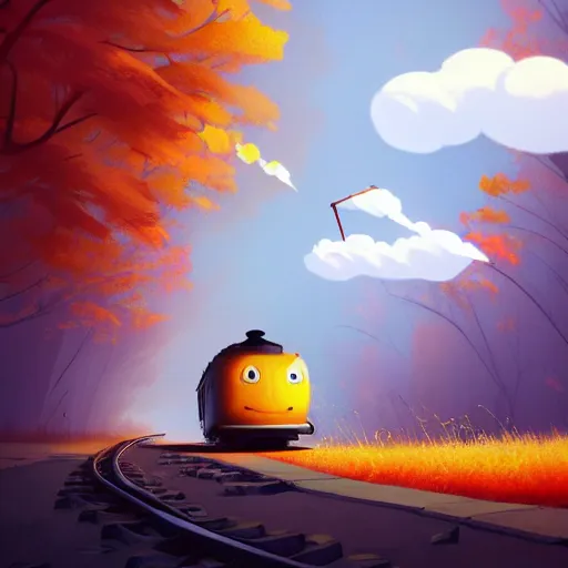 Image similar to Goro Fujita illustrating An antique steam train with a large white cloud coming out of the chimney travels through a beautiful autumn forest along the railroad tracks, art by Goro Fujita, concept art, sharp focus, ArtStation