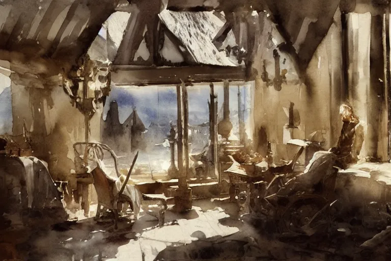 Image similar to abstract watercolor painting of hedonic scandinavian king house interior, in stone, straw roof, war lord, magical and traditional, crisp daylight, sharp shadows, cinematic light, national romanticism by anders zorn, by greg rutkowski, by greg manchess