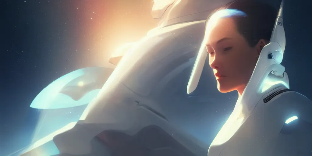 Image similar to Young woman, somber white eyes, long, gentle lighting, piloting a small space shuttle, futuristic, dim lighting, digital art by Makoto Shinkai ilya kuvshinov and Wojtek Fus, digital art, concept art,