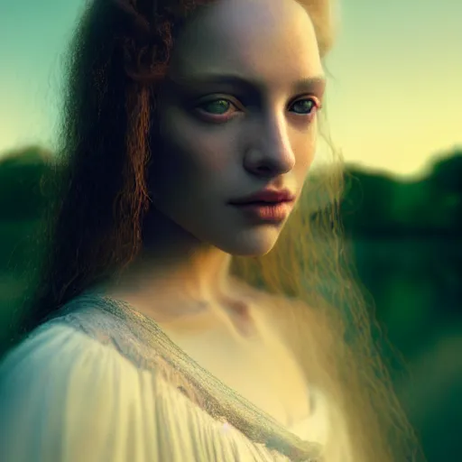 Image similar to photographic portrait of a stunningly beautiful renaissance female in soft dreamy light at sunset, beside the river, soft focus, contemporary fashion shoot, in a denis villeneuve and tim burton movie, by edward robert hughes, annie leibovitz and steve mccurry, david lazar, jimmy nelsson, extremely detailed, breathtaking, hyperrealistic, perfect face, octane render