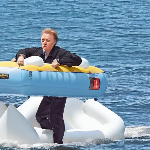 Prompt: christopher walken, rumham, inflatable boat in ocean