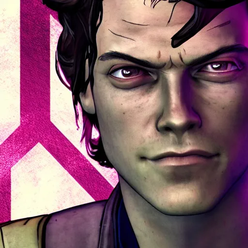 Image similar to harry styles portrait, borderlands, tales from the borderlands, the wolf among us, comic, cinematic lighting, studio quality, 8 k