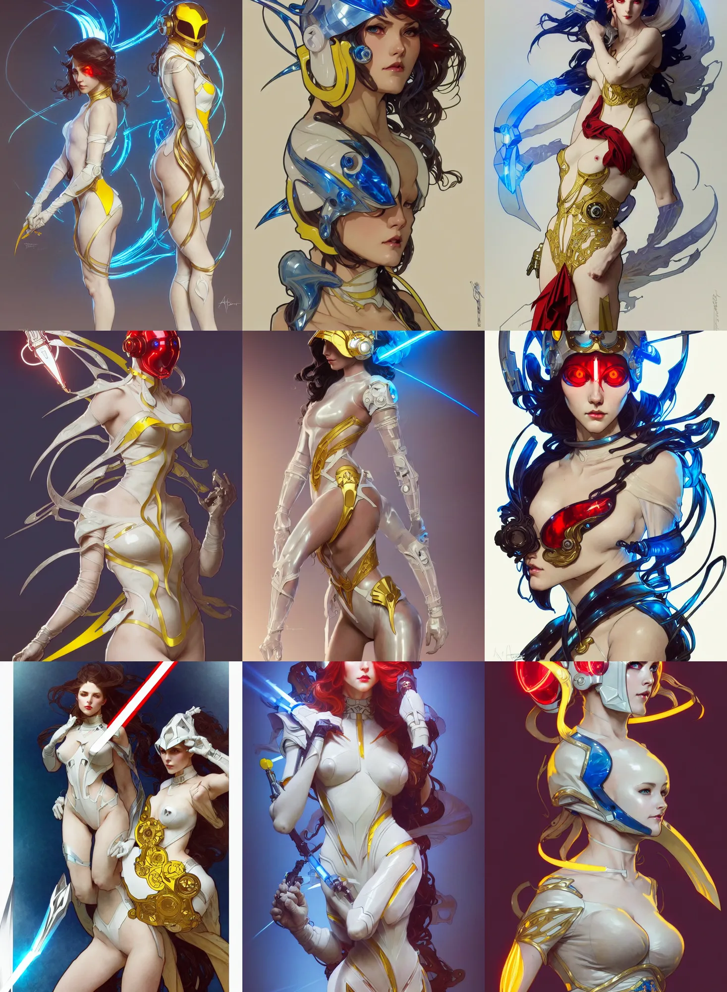 Image similar to a character design by artgerm, greg rutkowski and alphonse mucha. sci - fi dagger. laser white and yellow tape and red translucent plastic tape project show attctive showgirl!! sci - fi helmet electric blue eyes!! sharp edges. contour light effect!! ultra detailed, elegant, intricate, octane render.