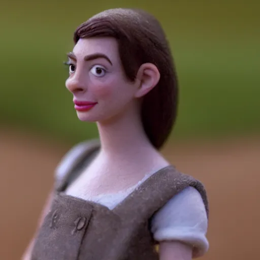 Image similar to a cinematic film still of a claymation stop motion film starring anne hathaway as female farmer, shallow depth of field, 8 0 mm, f 1. 8