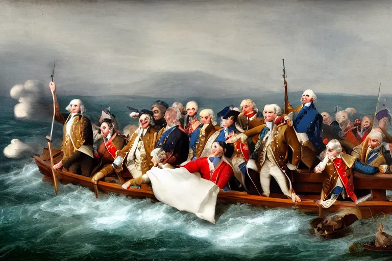 Prompt: George Washington Crossing the Delaware river with arm swimmies, digital art, 8k, UHD