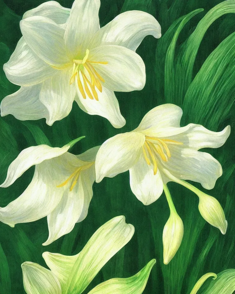 Image similar to achingly beautiful painting of one white lily blossom on green background rene magritte, monet, and turner. piranesi. macro lens.