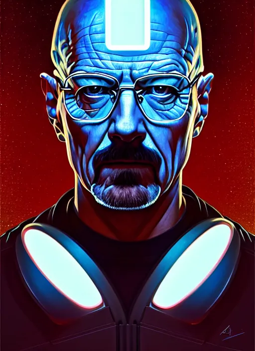 Prompt: symmetry!! portrait of walter white, sci - fi, tech wear, glowing lights!! intricate, elegant, highly detailed, digital painting, artstation, concept art, smooth, sharp focus, illustration, art by artgerm and greg rutkowski and alphonse mucha