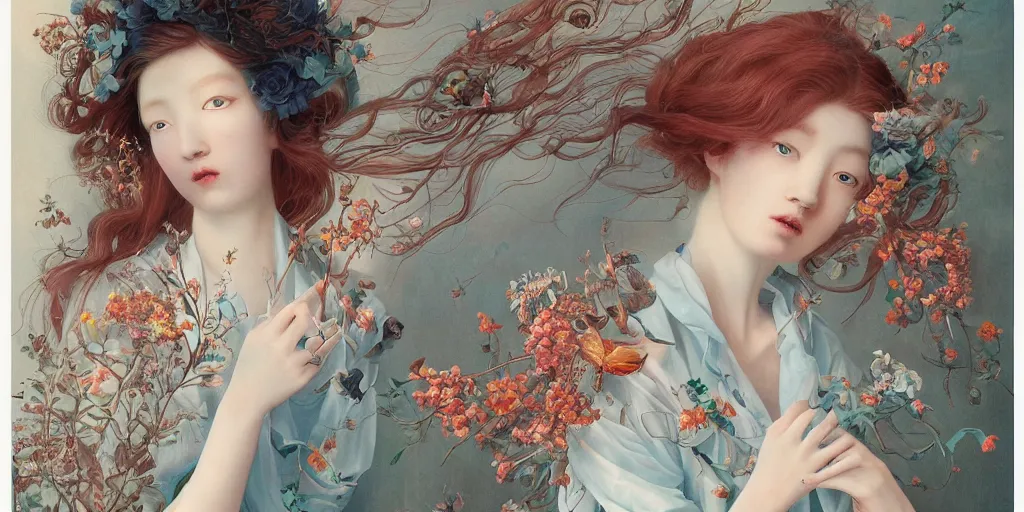 Image similar to breathtaking detailed concept art painting blend of two redhair goddess of light blue flowers by hsiao - ron cheng with anxious piercing eyes, vintage illustration pattern with bizarre compositions blend of flowers and fruits and birds by beto val and john james audubon, exquisite detail, extremely moody lighting, 8 k