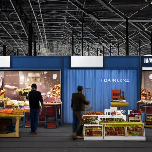 Prompt: a scene of a market stall at a trade show from the film a minority report taken from a distance, cinematic, dslr, unreal engine, hyper realistic