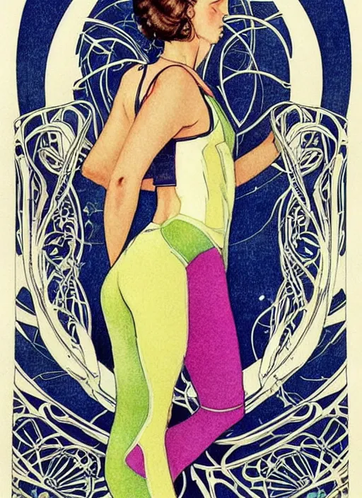 Prompt: an art nouveau copic maker illustration of a girl doing yoga wearing futuristic clothes by stanley lau, and norman rockwell