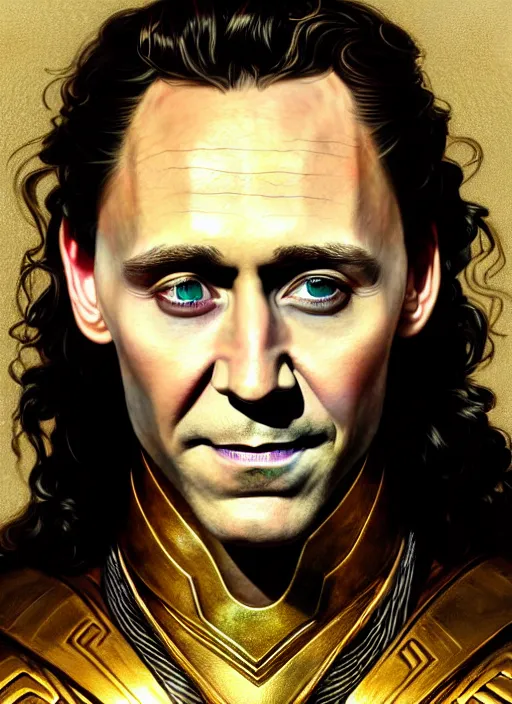 Image similar to portrait of tom hiddleston as marvels loki, jewelry, intricate, headshot, highly detailed, digital painting, artstation, concept art, sharp focus, cinematic lighting, illustration, art by artgerm and greg rutkowski, alphonse mucha, cgsociety