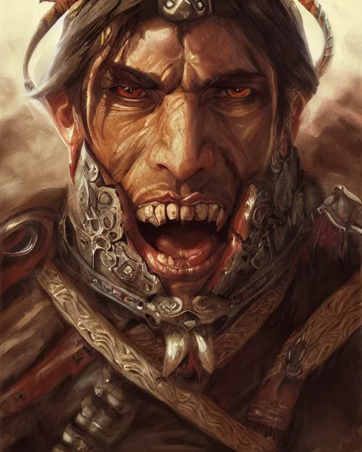 Image similar to portrait of an angry spanish conquistador by filipe pagliuso and justin gerard, symmetric, anatomy, facial features, detailed, intricate, portrait, digital painting, princess mononoke color scheme, masterpiece