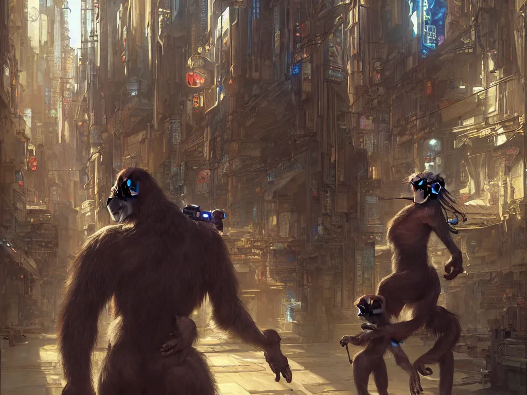 Prompt: a big monkey walking among people in open door market, cyberpunk, sci-fi, fantasy, intricate, elegant, highly detailed, digital painting, artstation, concept art, smooth, sharp focus, illustration, art by Yintion J - Jiang Geping and artgerm and greg rutkowski and alphonse mucha