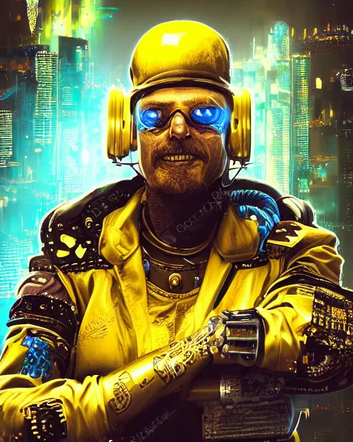 Prompt: an intimate portrait of a gnarly human cyberpunk captain, old skin, faded peaked cap, charming, strong leader, metal eye piece, a look of cunning, big smile, detailed matte fantasy painting, golden cityscape, lasers, sparks, yellow and blue and cyan