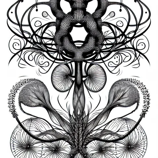 Prompt: a black and white drawing of some plants, an illustration of by ernst haeckel, behance contest winner, generative art, biomorphic, lovecraftian, intricate patterns