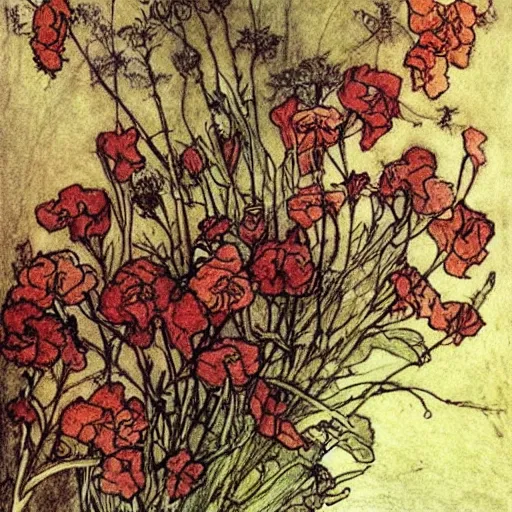 Image similar to A beautiful painting of flowers by Arthur Rackham