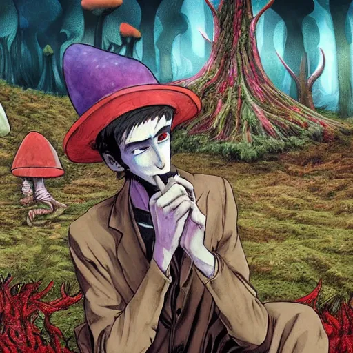 Image similar to a centered chest up portrait of a psychedelic demonic anthropomorphic wendigo smoking a hand - rolled cigarette smoking heavily, magic mushroom village in background. award winning. superb resolution. in the art style of junji ito and greg rutkowski. detailed mushroom city in background. hyper realistic anime. perfect art. dalle 2