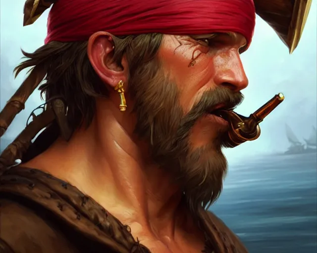 Image similar to close up of an old pirate drinking rum, deep focus, d & d, fantasy, intricate, elegant, highly detailed, digital painting, artstation, concept art, matte, sharp focus, illustration, hearthstone, art by artgerm and greg rutkowski and alphonse mucha