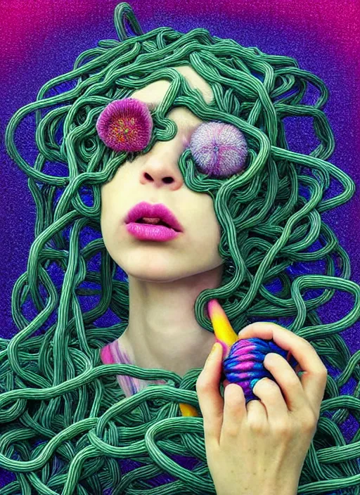 Image similar to hyper detailed 3d render like a Oil painting - Ramona Flowers with wavy black hair wearing thick mascara seen Eating of the Strangling network of colorful yellowcake and aerochrome and milky Fruit and Her staring intensely delicate Hands hold of gossamer polyp blossoms bring iridescent fungal flowers whose spores black the foolish stars by Jacek Yerka, kawaii ,Mariusz Lewandowski, cute silly face, Houdini algorithmic generative render, Abstract brush strokes, Masterpiece, Edward Hopper and James Gilleard, Zdzislaw Beksinski, Mark Ryden, Wolfgang Lettl, Dan Hiller, hints of Yayoi Kasuma, octane render, 8k