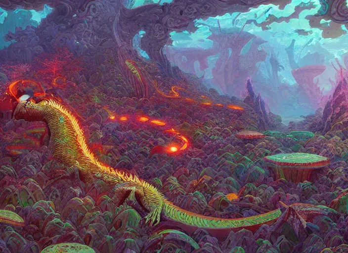 Image similar to psychedelic concept art of a dragon landscape made of thousands of dragons, cel shaded, in the style of makoto shinkai and moebius and peter mohrbacher and anton fadeev