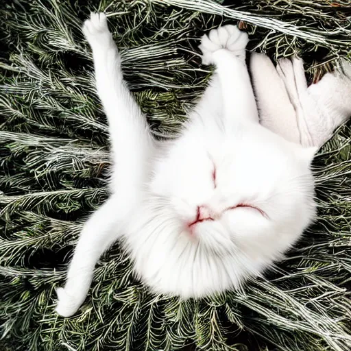 Image similar to a superhero white cat sleeping on bed of pine needles, anime