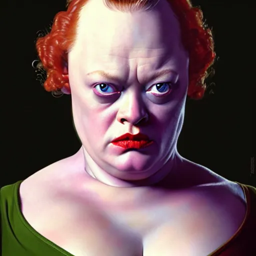 Image similar to dramatic upper body portrait of Thora Birch as baron harkonnen by norman rockwell and boris vallejo, artstation, concept creature character art