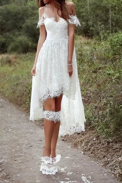 Image similar to a short beautiful high low lace dress, wedding dress, bohemian, detailed lacework, lace dress, romantic dress, white and silver, floral lacework